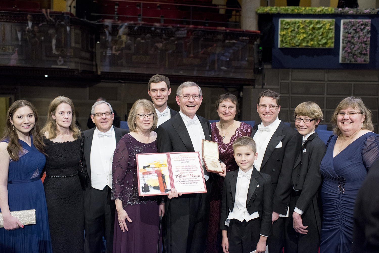 William E. Moerner with family and relatives on stage after the Nobel Prize awards ceremony.