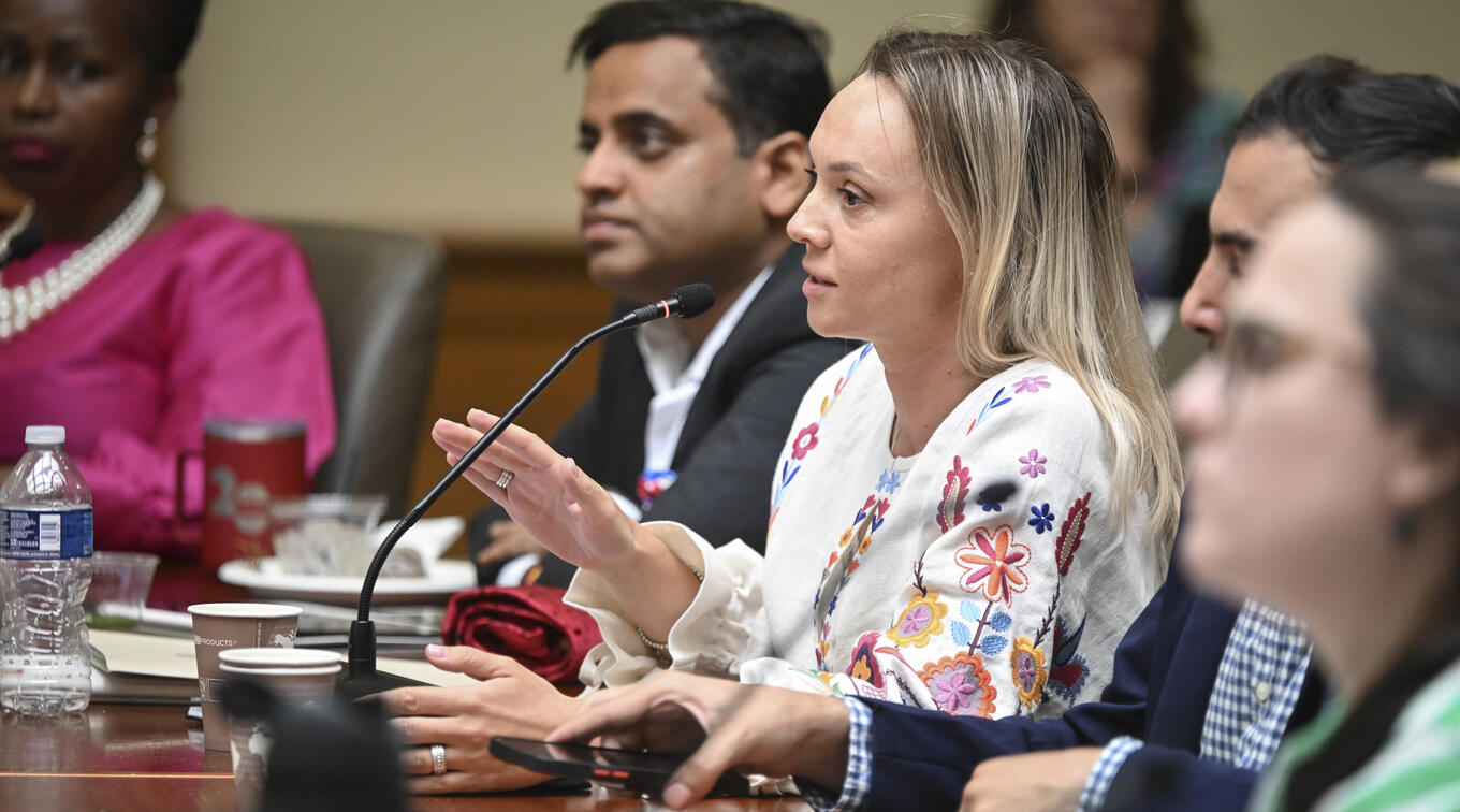 Olena Nevmerzhytska gestures while speaking during a meeting at a table, surrounded by other participants in an engaged discussion.
