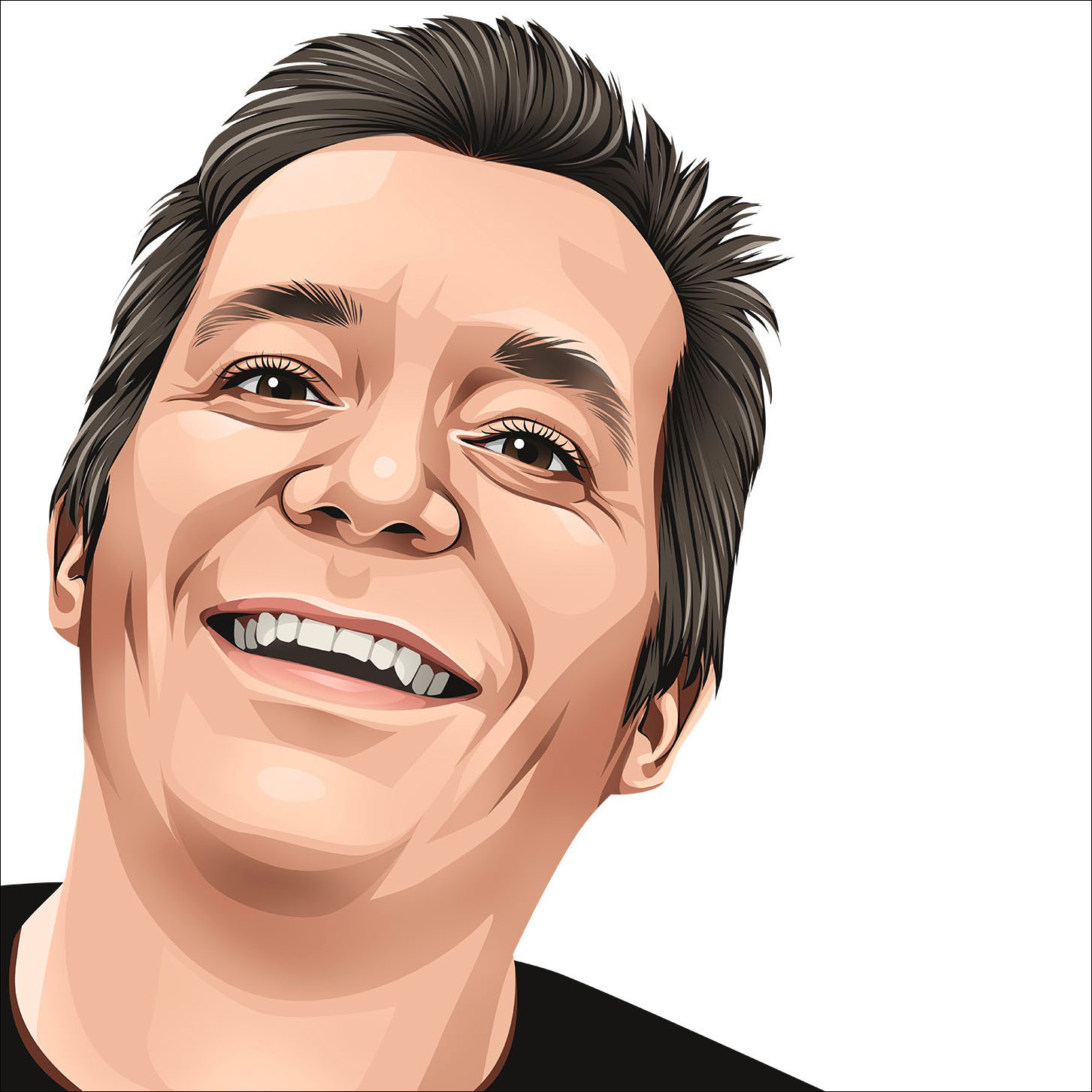 Digital illustration of a smiling Tom Mullaney with dark hair looking upward.