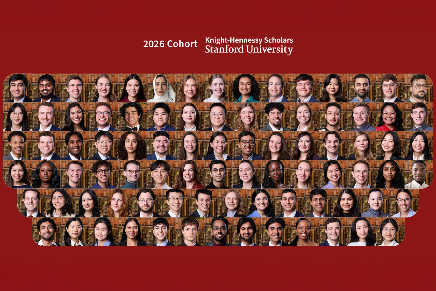 A grid displays portraits of the 2026 Knight-Hennessy Scholars at Stanford University, showcasing the cohort.