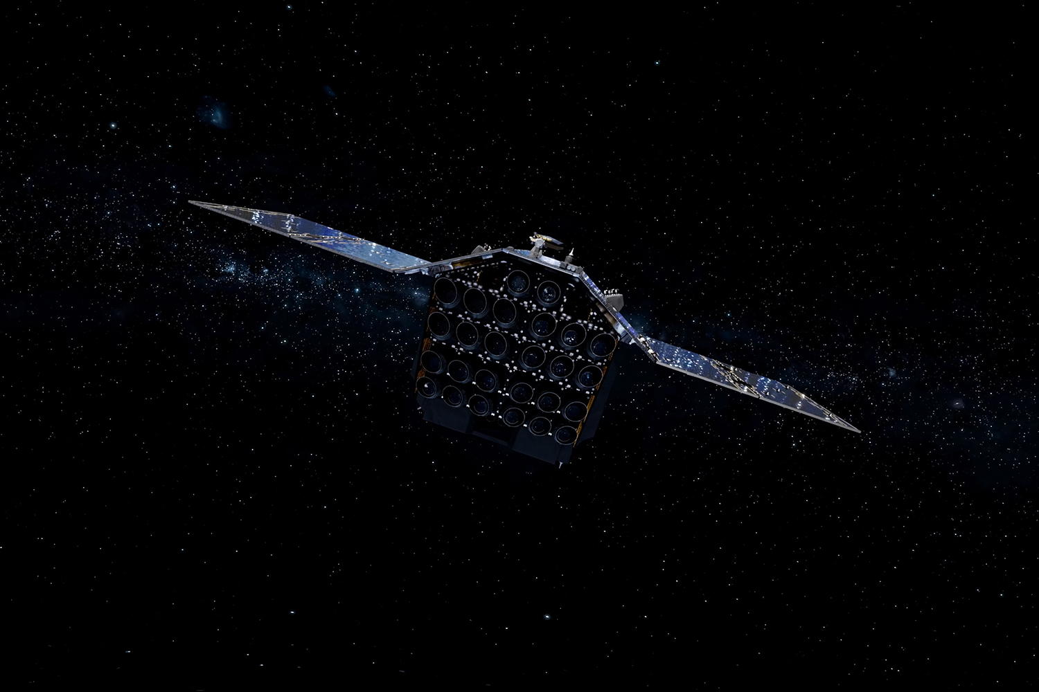 A satellite with large solar panels orbits in the dark expanse of space filled with stars.