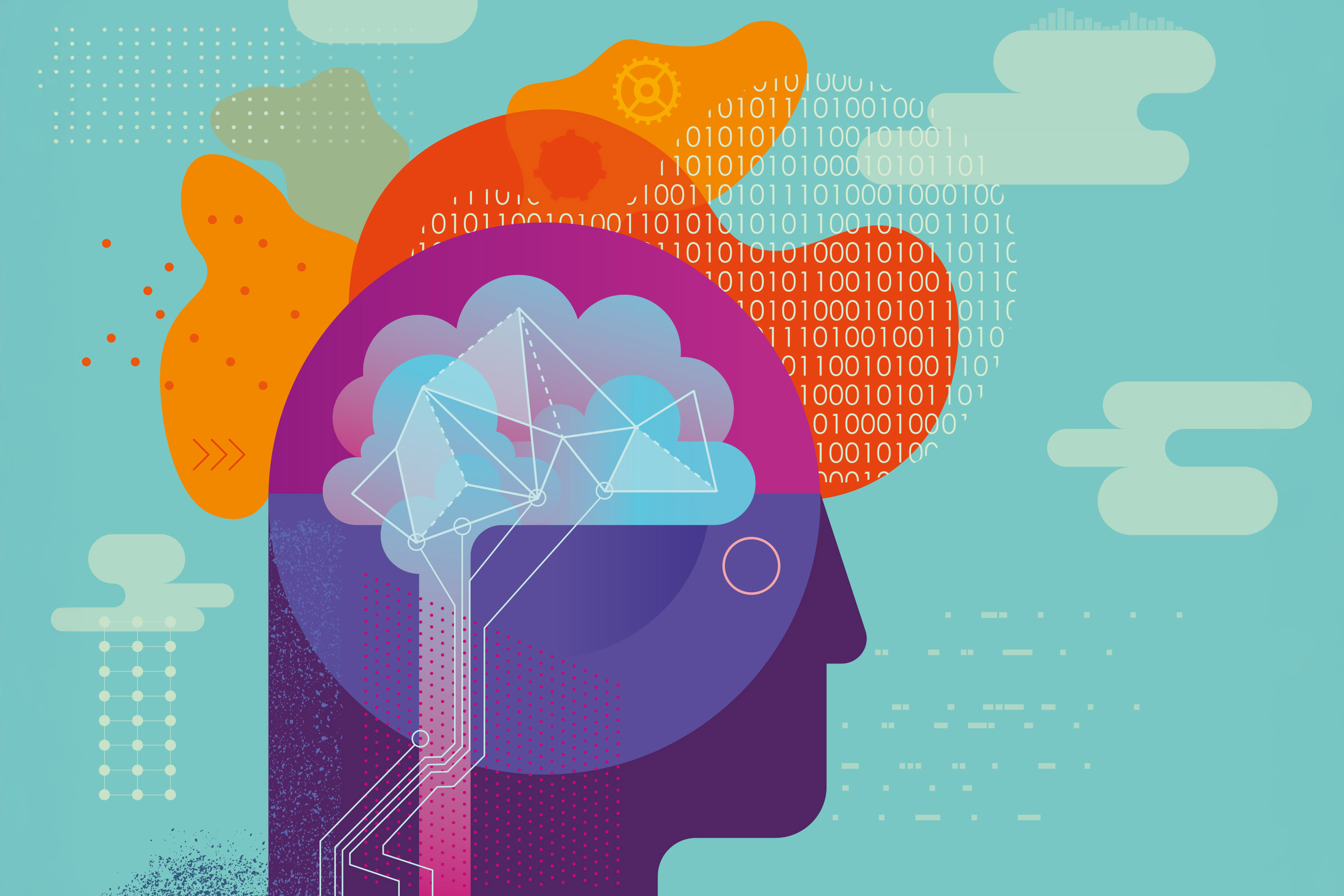 Colorful illustration of a human head profiles a brain with clouds, binary code, and abstract shapes, symbolizing technology and thought.