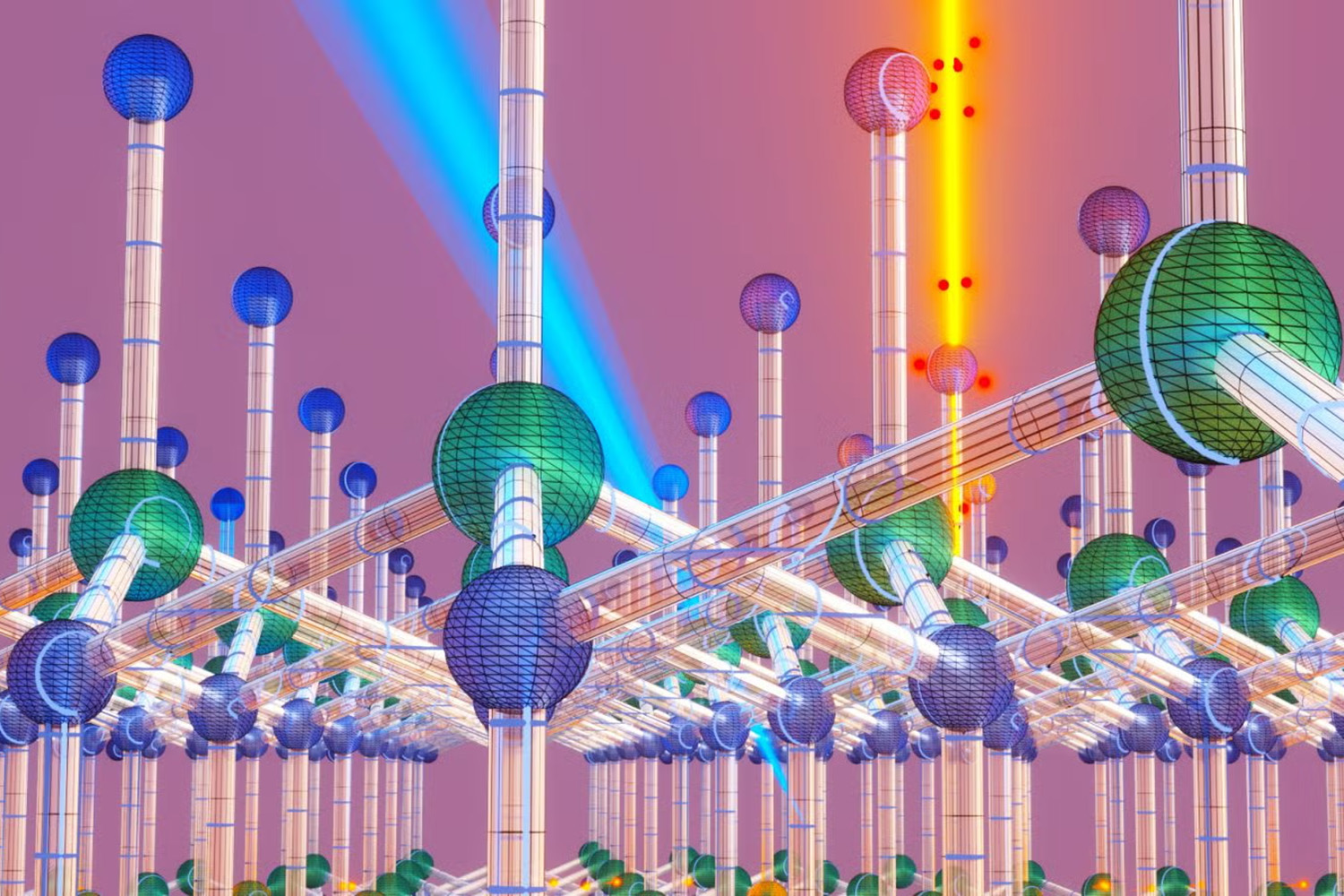 Digital illustration shows ionizing radiation as glowing beams striking a crystal lattice structure made of colored spheres.