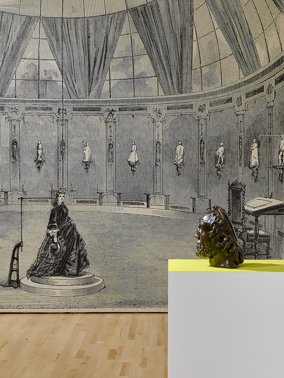 Bronze bust sculpture displayed on a yellow pedestal against a large vintage illustration of a domed exhibition hall.