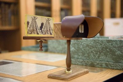 A stereopticon viewer is available in Special Collections to enjoy the stereo views that are part of the sequoia collection.