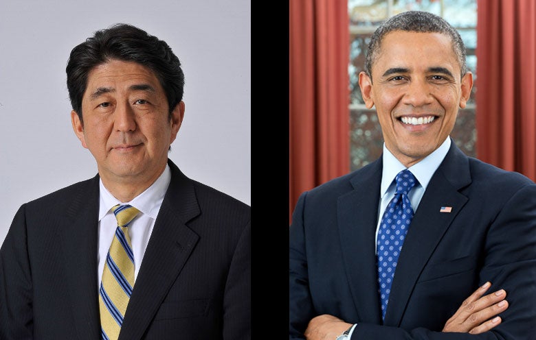 official portraits of Shinzo Abe and Barack Obama