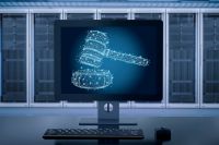 Internet law concept with 3D rendering on computer monitor displaying a judge's gavel