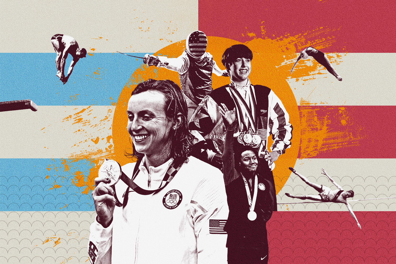 An illustrated collage of past Stanford Olympians.