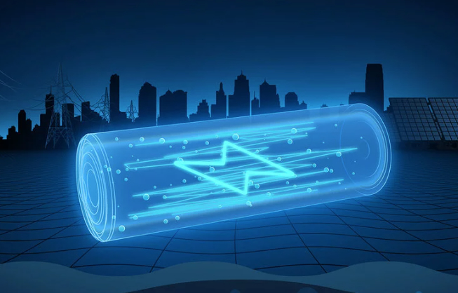 Illustration of bright blue battery with city skyline, transmission lines, and solar panels in background