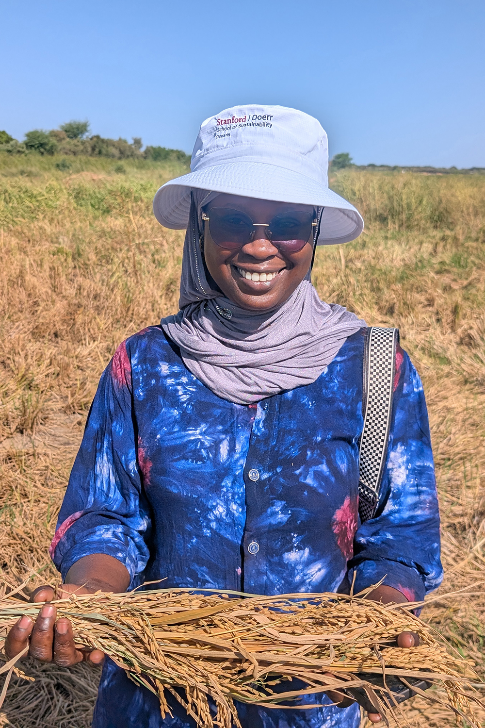 A woman holds a bundle of rice while standing in a field, wearing a blue tie-dye shirt and a wide-brimmed hat.