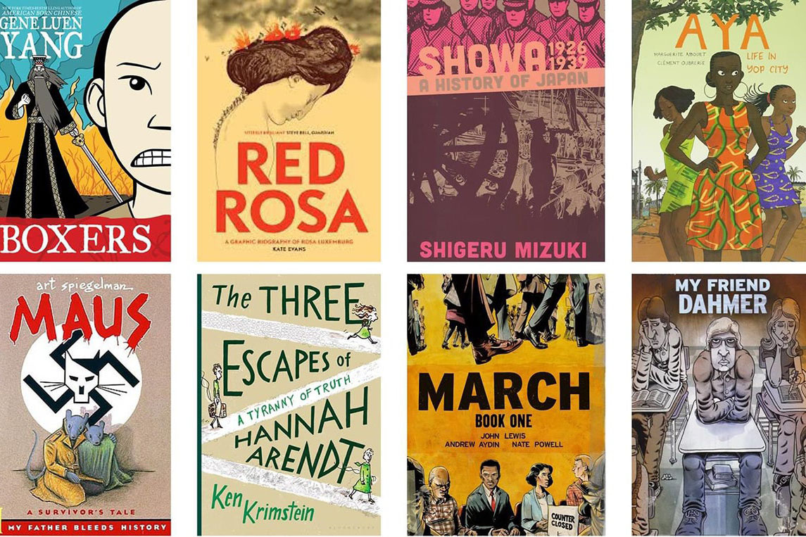 Collage of covers of graphic novels.