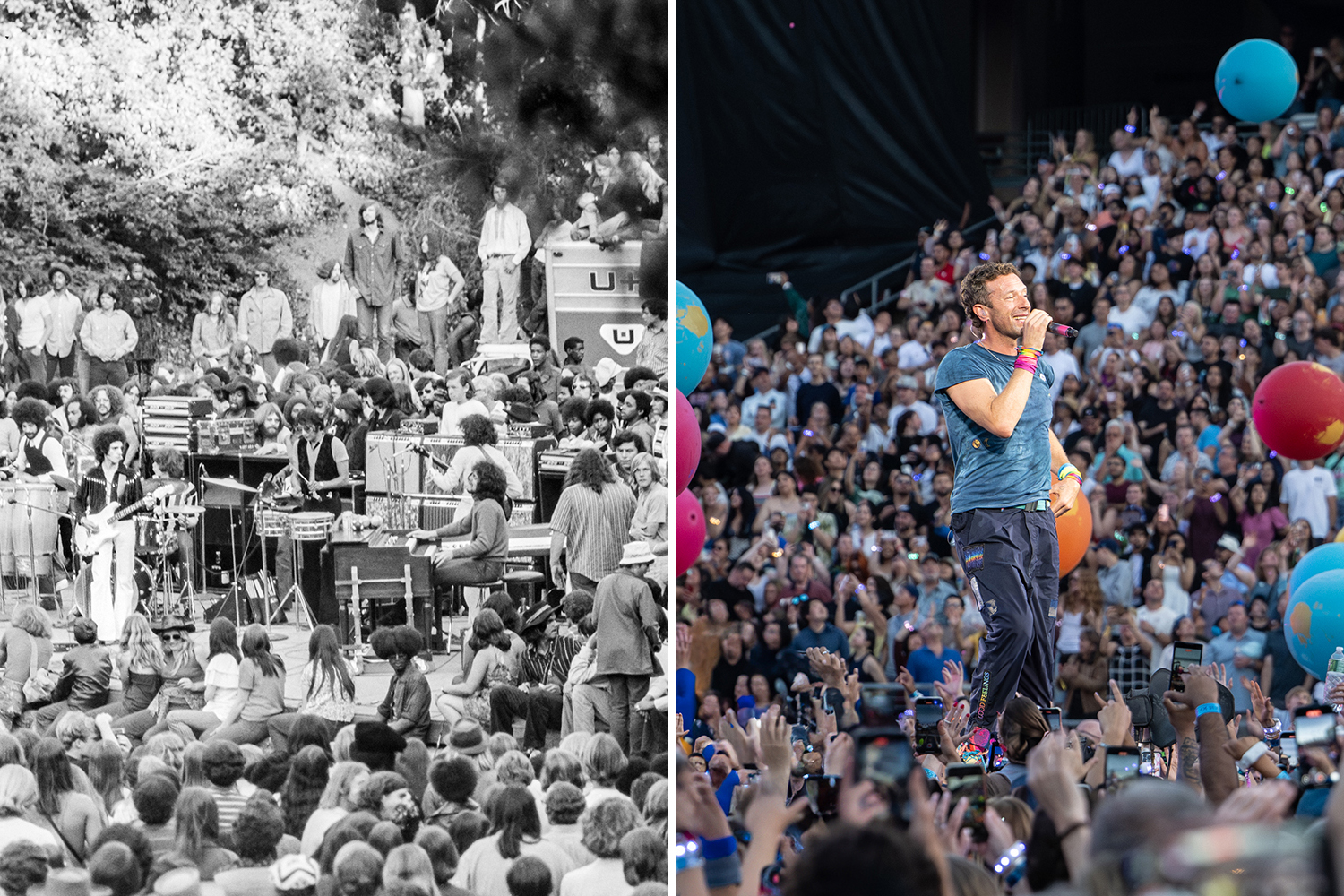 Side by side images of Santana and Coldplay playing at Stanford.