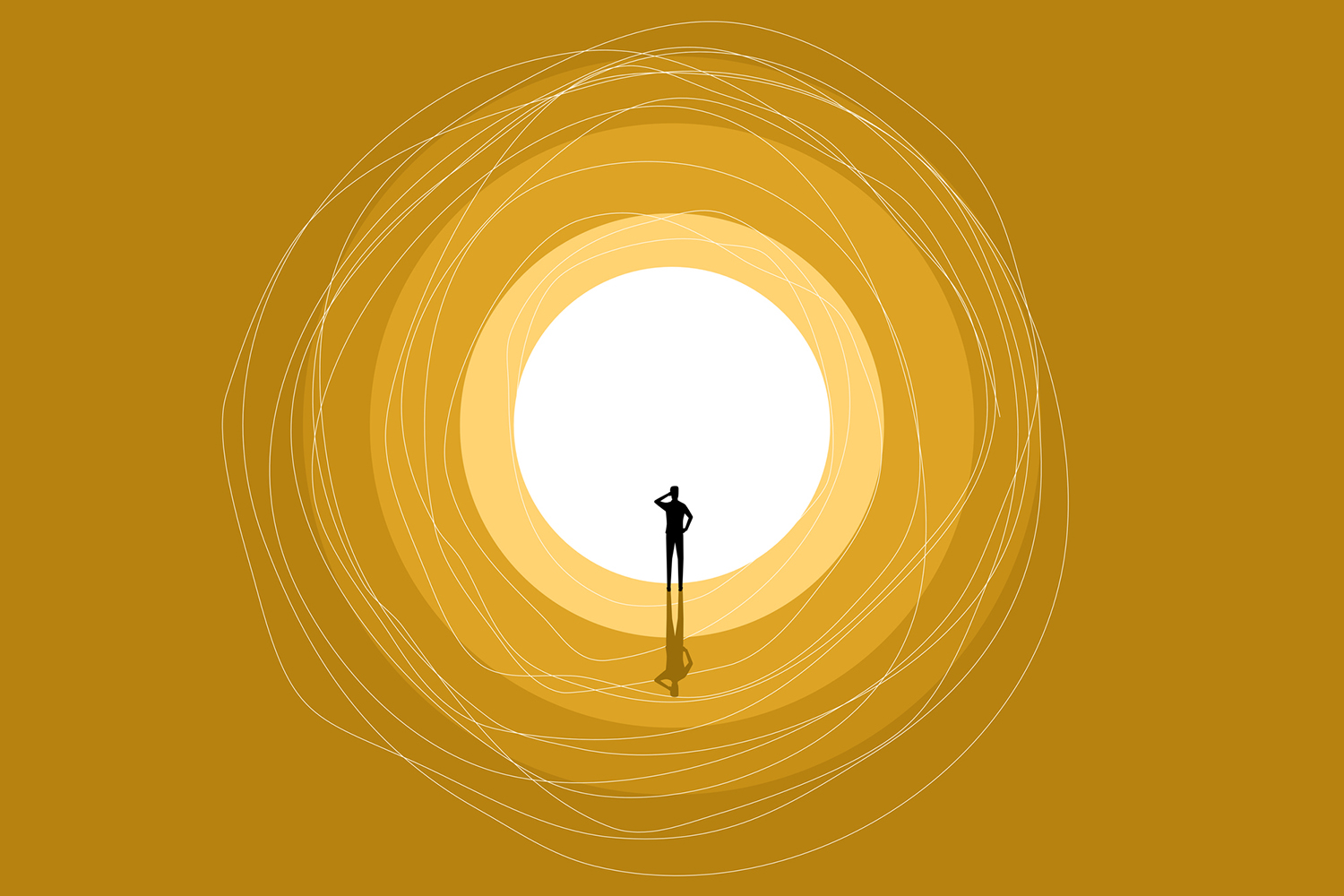 A silhouette of a person stands thoughtful in a colorful circular design, symbolizing reflection and contemplation.