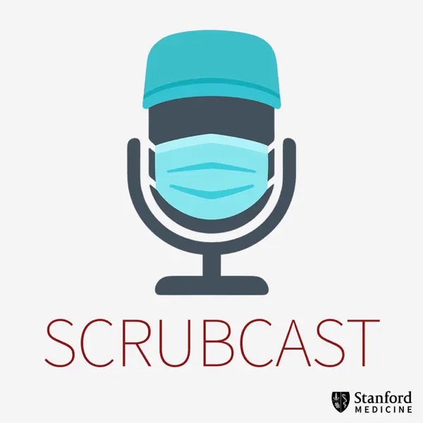 Logo for Scrubcast podcast featuring an illustration of a microphone wearing a mask and scrub cap.