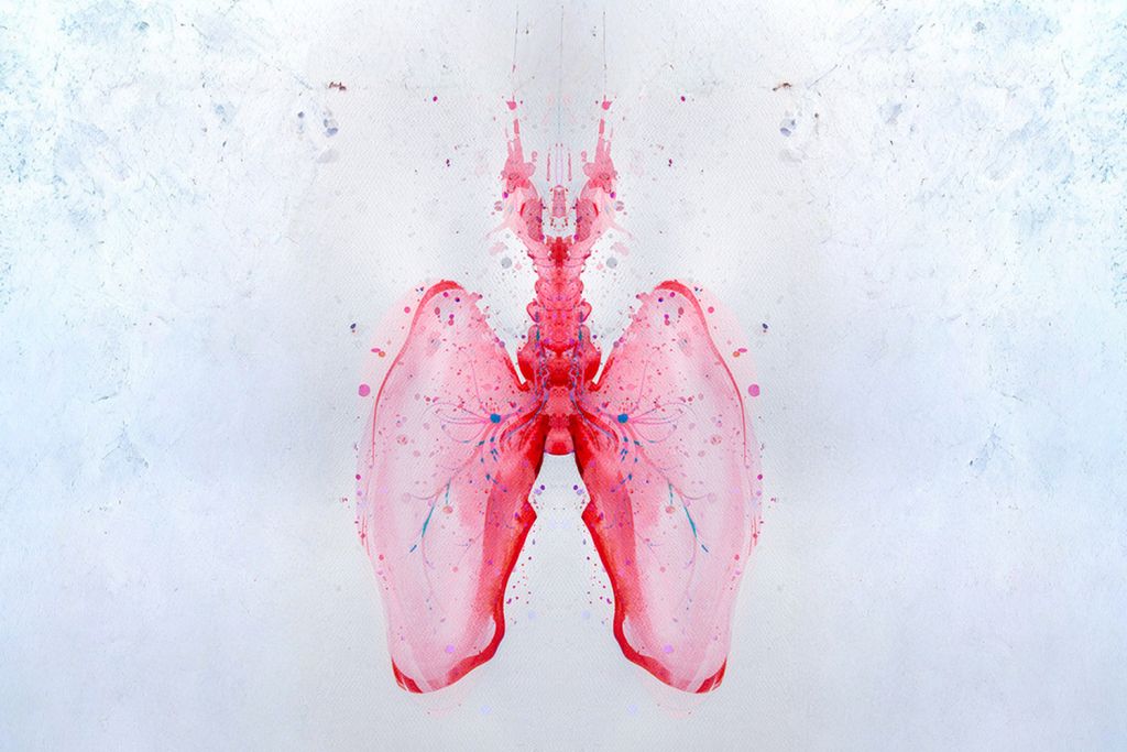 Watercolor illustration depicting human lungs, rendered with fluid brushstrokes and translucent colors.