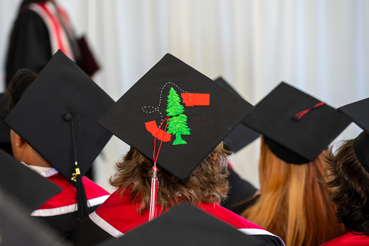 Graduate's cap is decorated with a redwood tree and state silhouettes of Montana and California linked by a thread tracing.