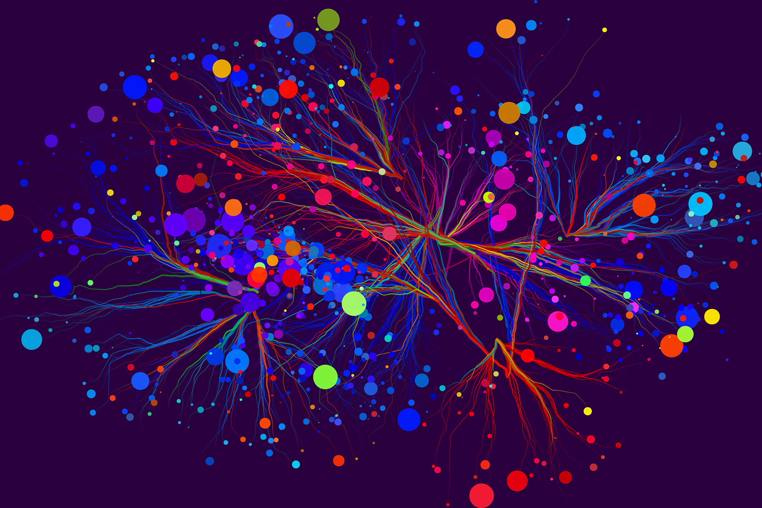 A colorful digital illustration of branching lines and circles, resembling a neural connection.