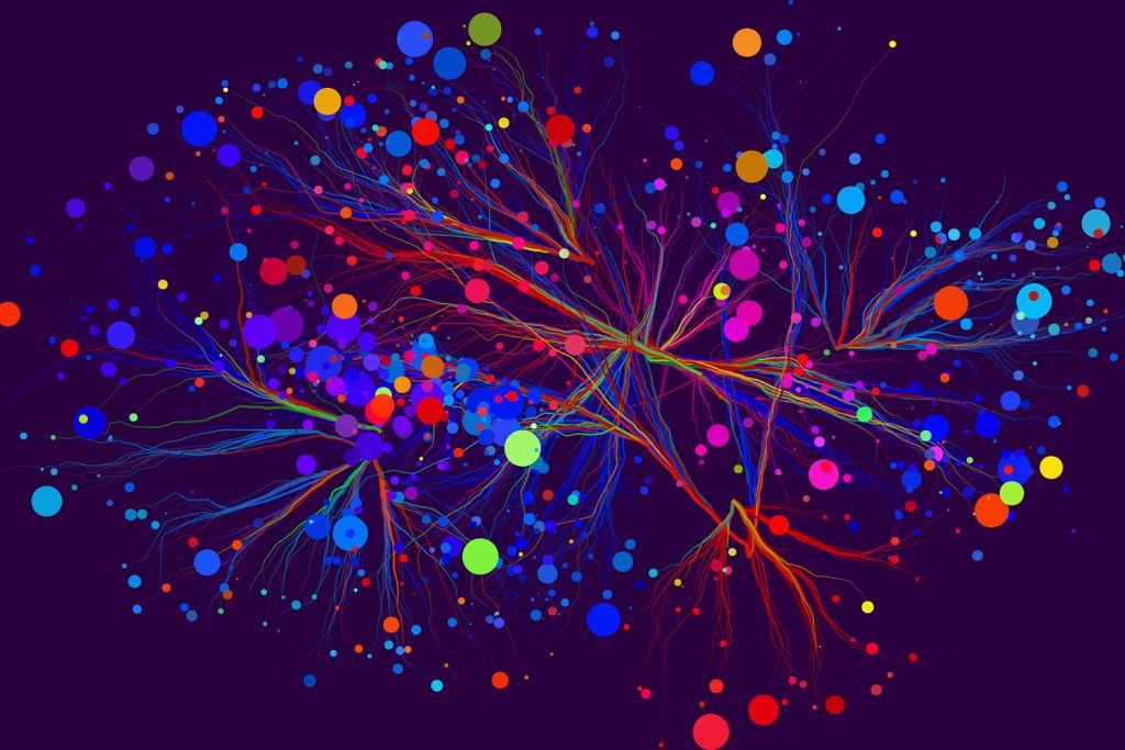 A colorful digital illustration of branching lines and circles, resembling a neural connection.