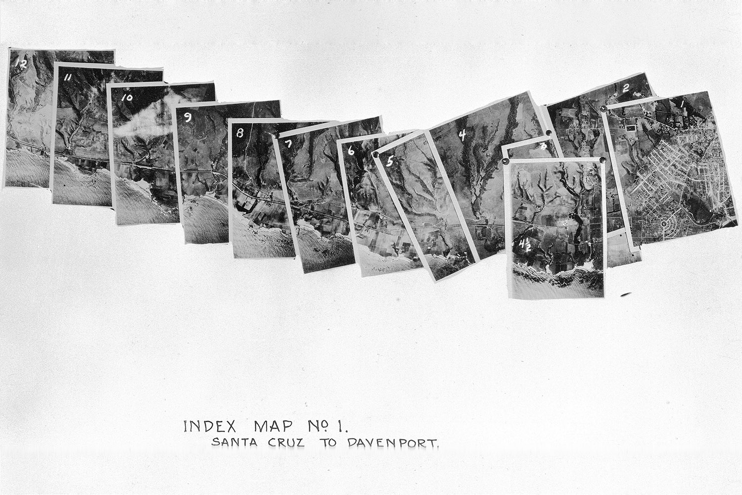 A series of numbered aerial photographs labeled "Index Map No. 1" showing the region from Santa Cruz to Davenport.