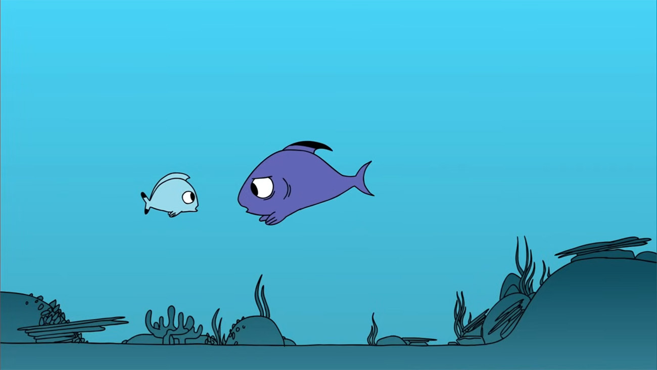 Two cartoon fish conversing, surrounded by simple underwater scenery.