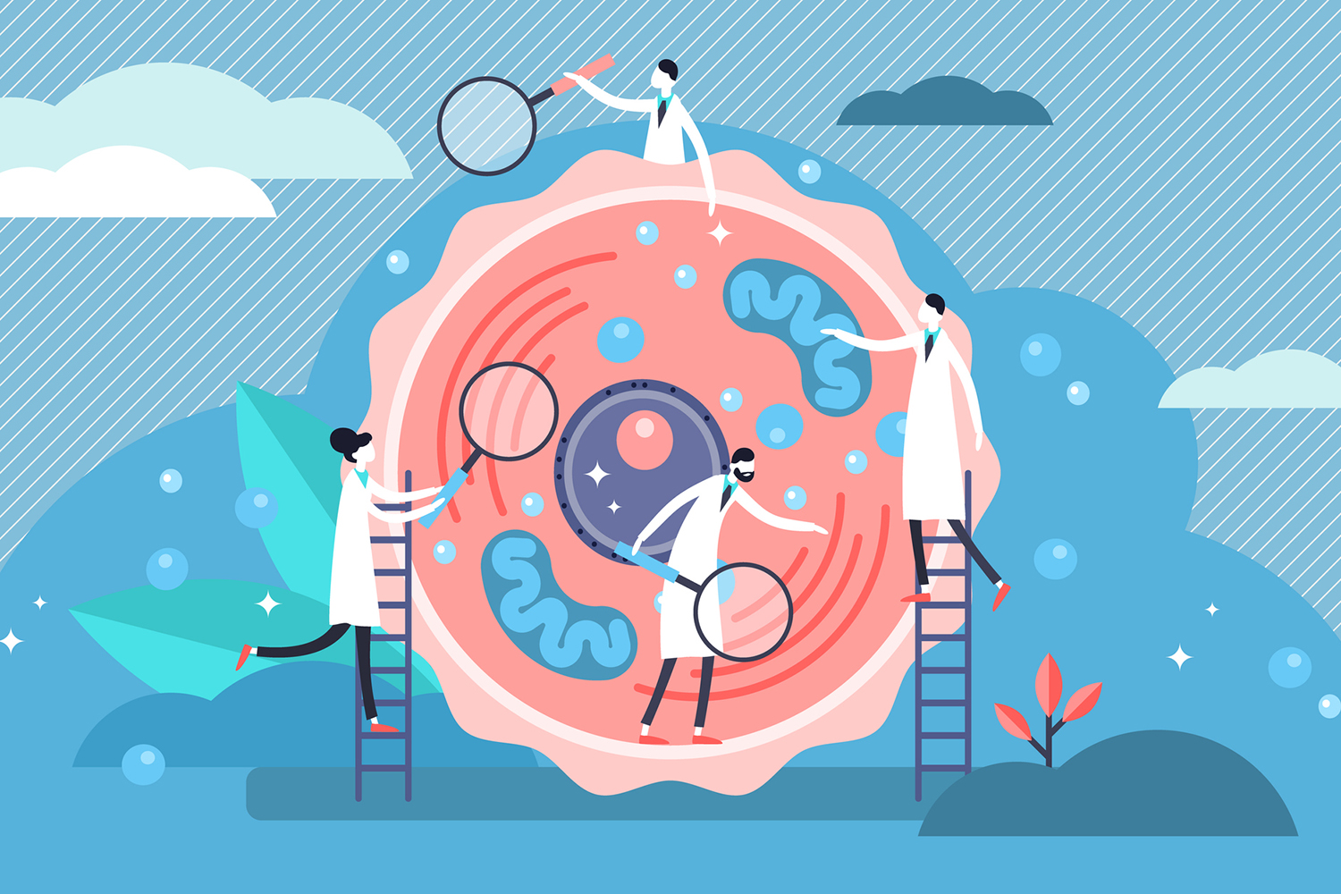 Scientists observe a large cell structure using magnifying glasses while standing on ladders in a colorful, cartoon-style illustration.