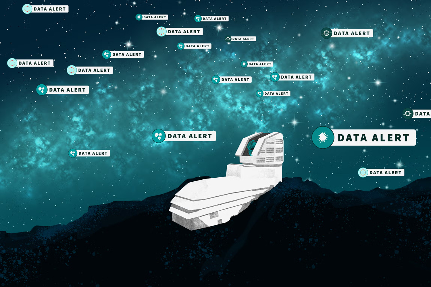 A digital illustration features the Rubin Observatory with numerous 'Data Alert' notifications scattered throughout a starry background.