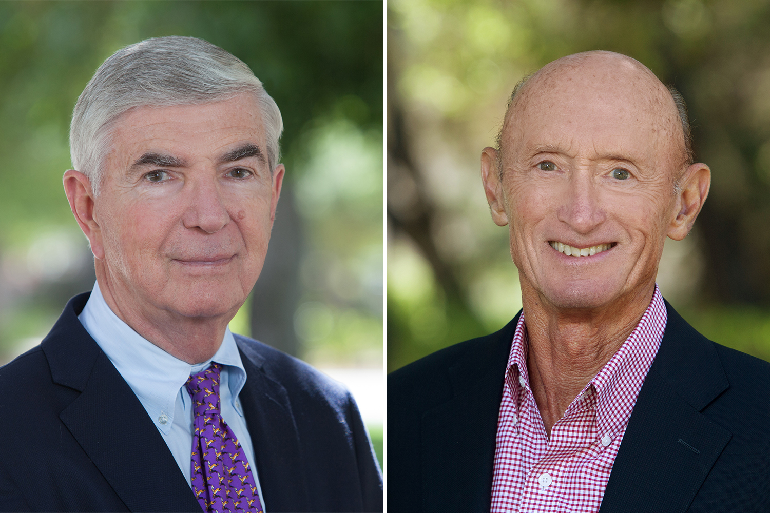 Side by side profiles of H. Irving Grousbeck and Charles A. Holloway, wearing professional attire, and both standing against a blurred outdoor background.