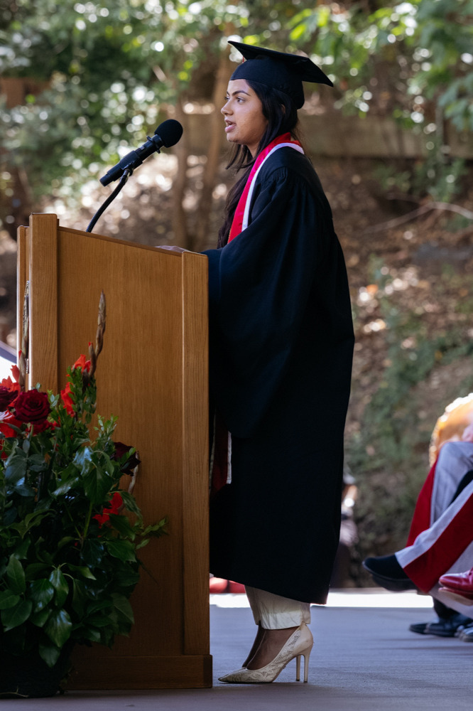 Student speaker Lamya Butt shares remarks at Baccalaureate 2026
