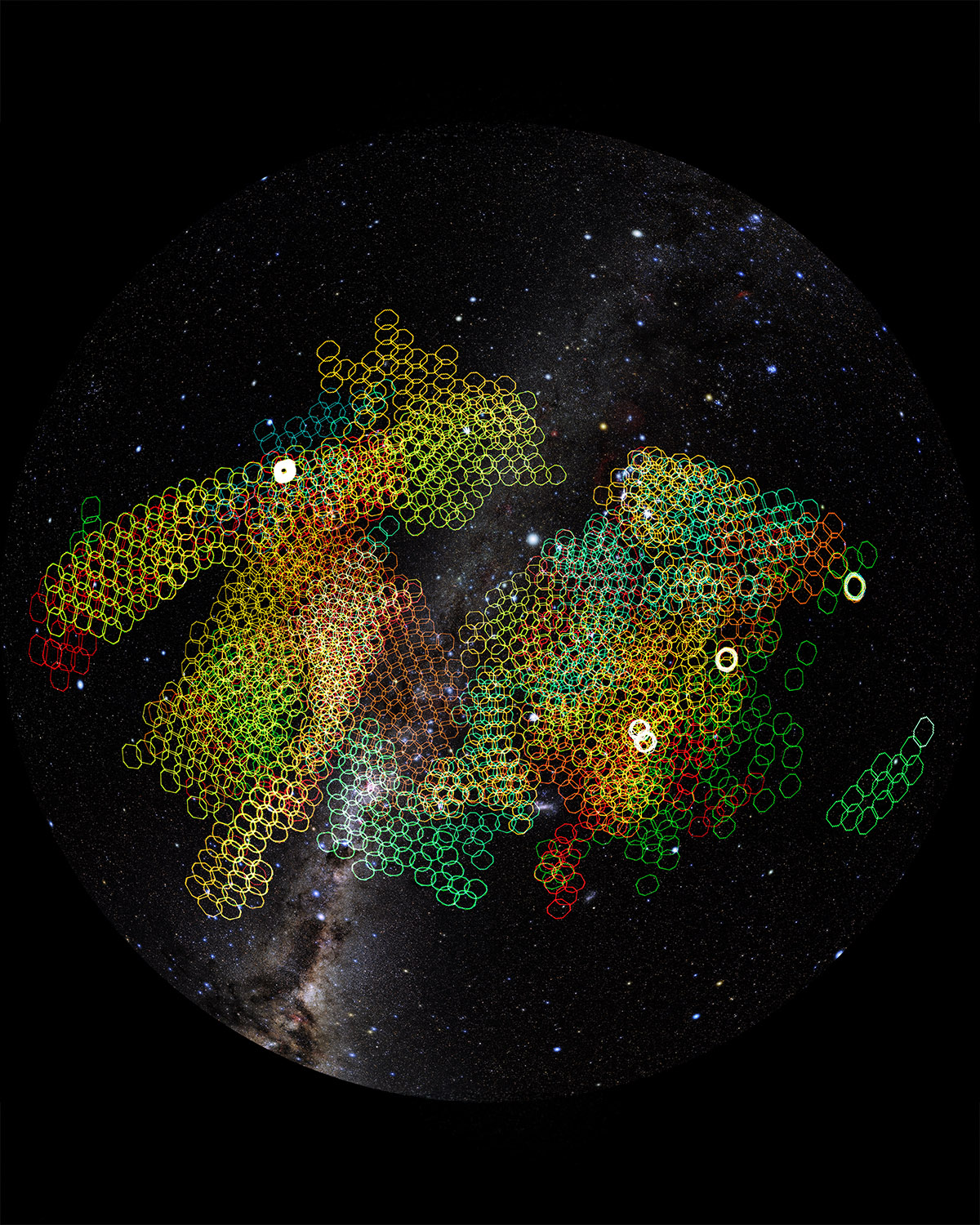 Colorful hexagonal patterns overlay a cosmic background filled with stars and galaxies.