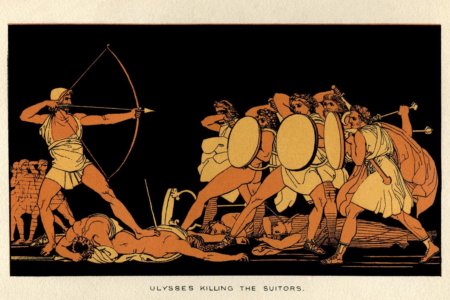 Artist’s illustration of Ulysses preparing to shoot arrows at the suitors in a dramatic scene from The Odyssey.