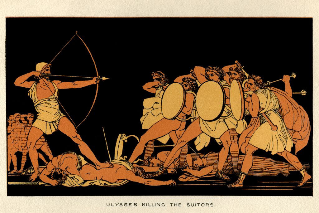 Artist’s illustration of Ulysses preparing to shoot arrows at the suitors in a dramatic scene from The Odyssey.