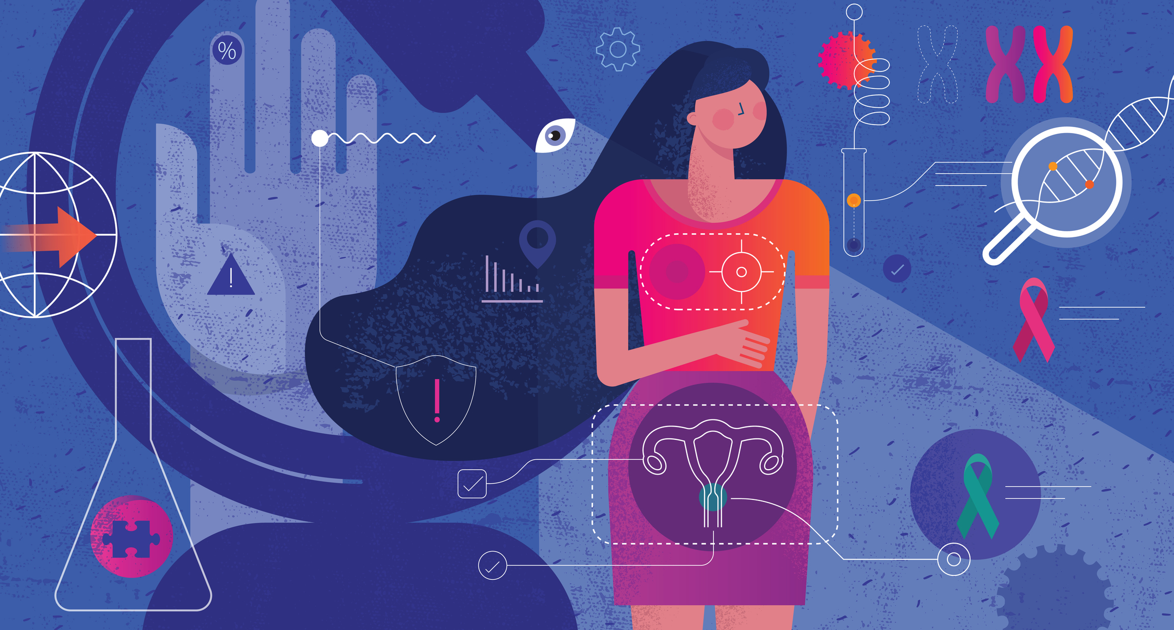 Illustration of a woman with breast and reproductive health symbols, cancer ribbons and genetic testing icons
