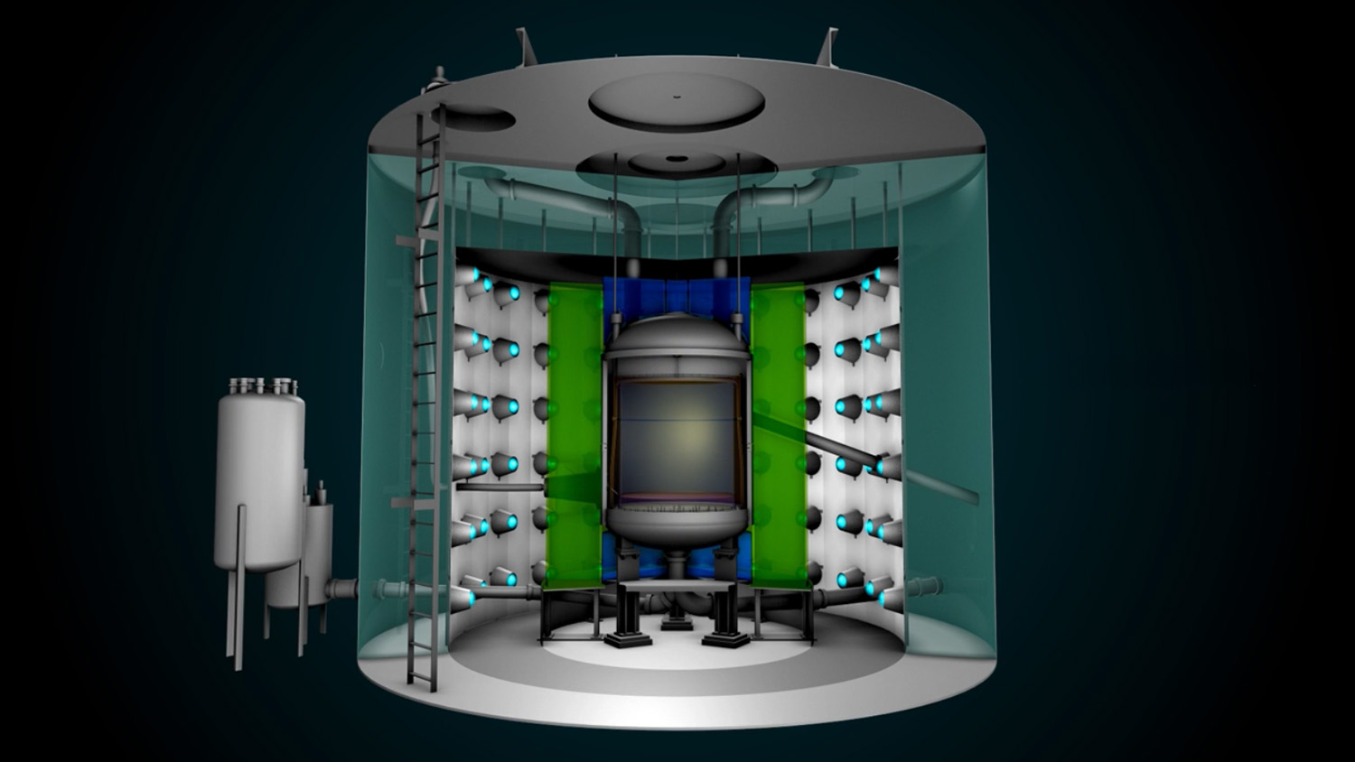 Cutaway illustration of a dark matter detector showing a central tank nested inside a larger water tank ringed with sensors.