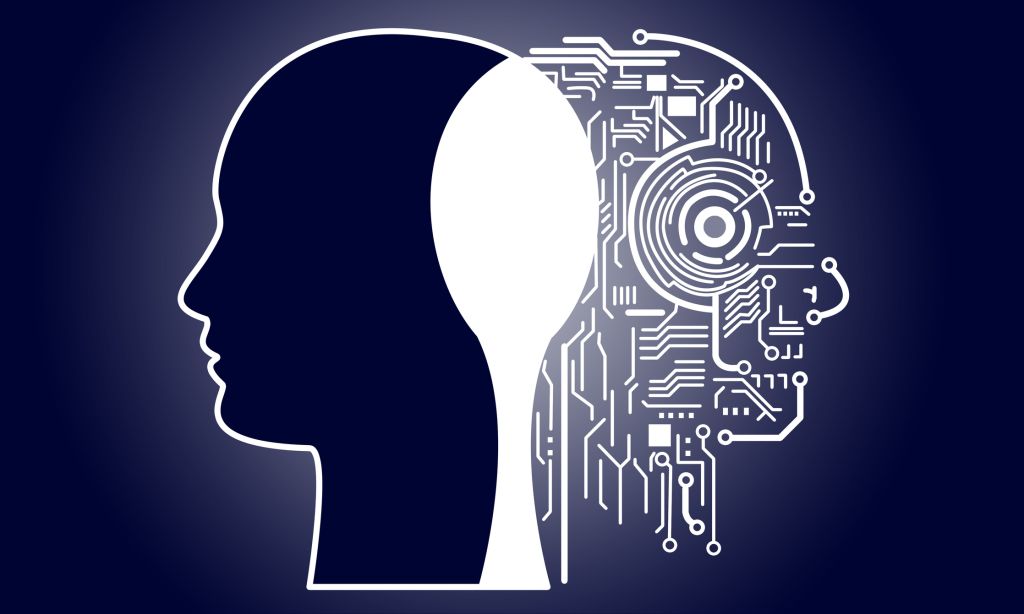 Illustration merges a human head profile with circuit-board patterns, symbolizing artificial intelligence and the human mind.