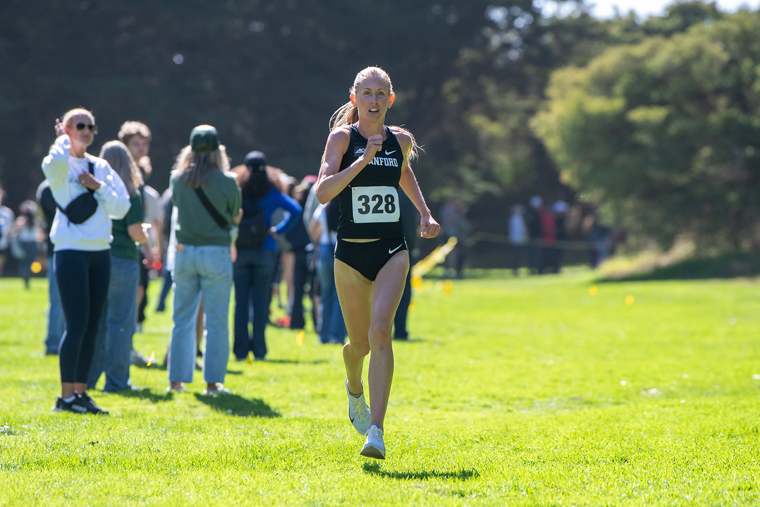 A Cardinal cross country runner strides across a grassy course as spectators watch from the side.