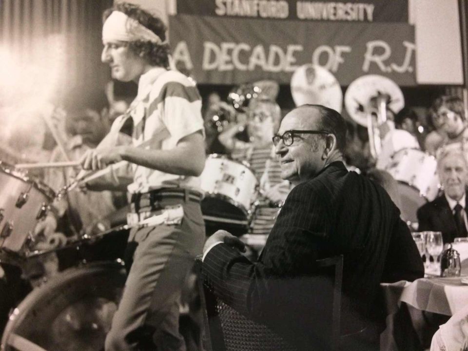 Miller is serenaded by a student band during his 1979 retirement party at GSB.
