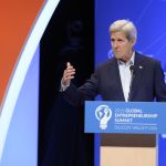 US Secretary of State John Kerry at lectern in Memorial Auditorium, Stanford, speaking at 2016 GES