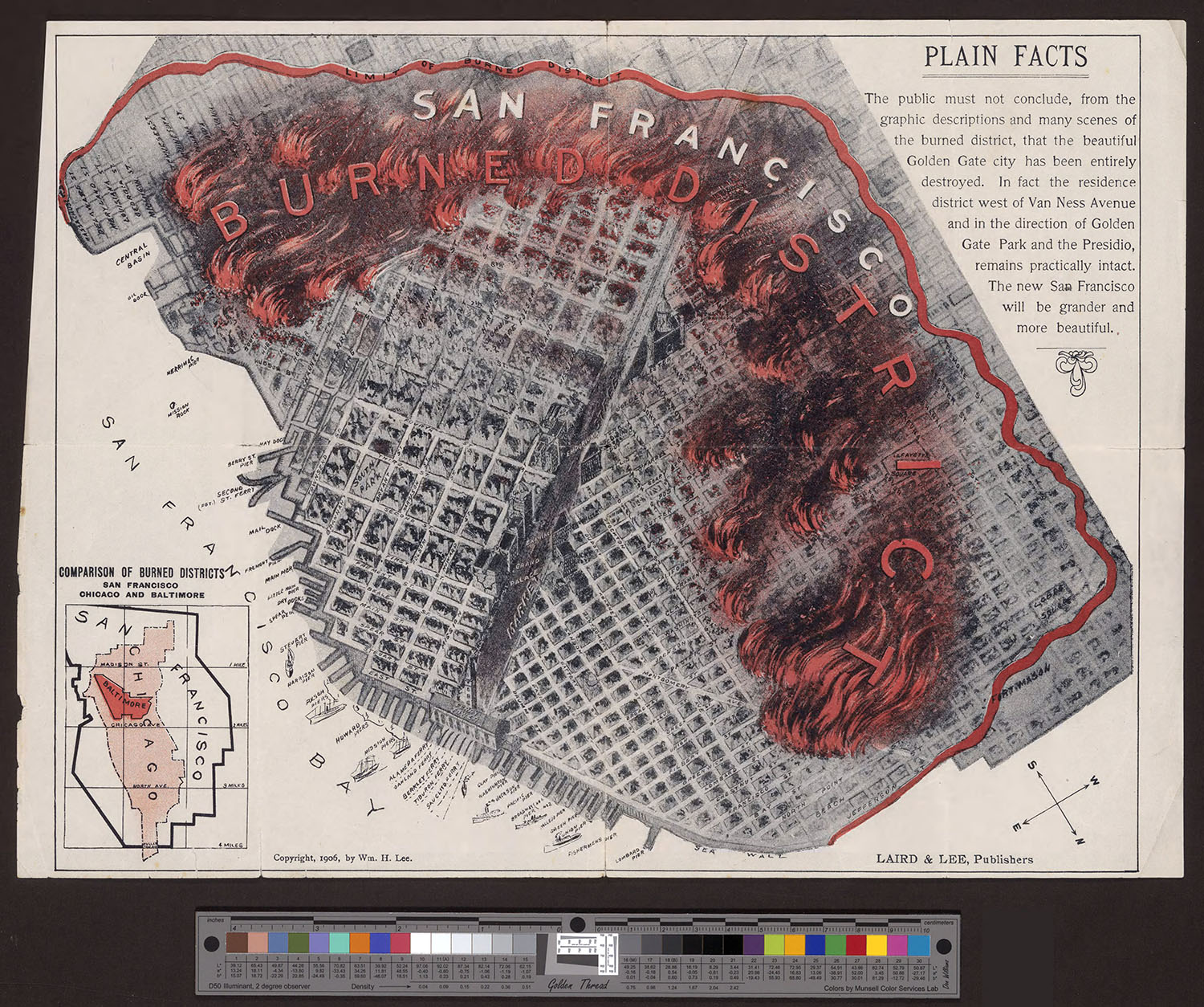 Lithograph map of San Francisco Burned District after 1906 Earthquake and Fire.