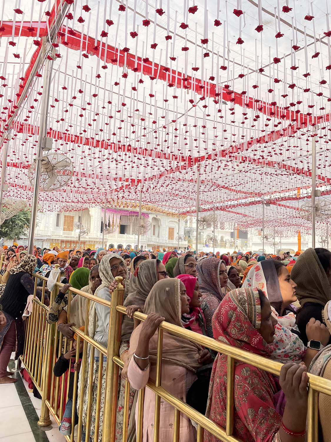 Photo of a large line of refugees coming to pay respects at The Golden Temple.