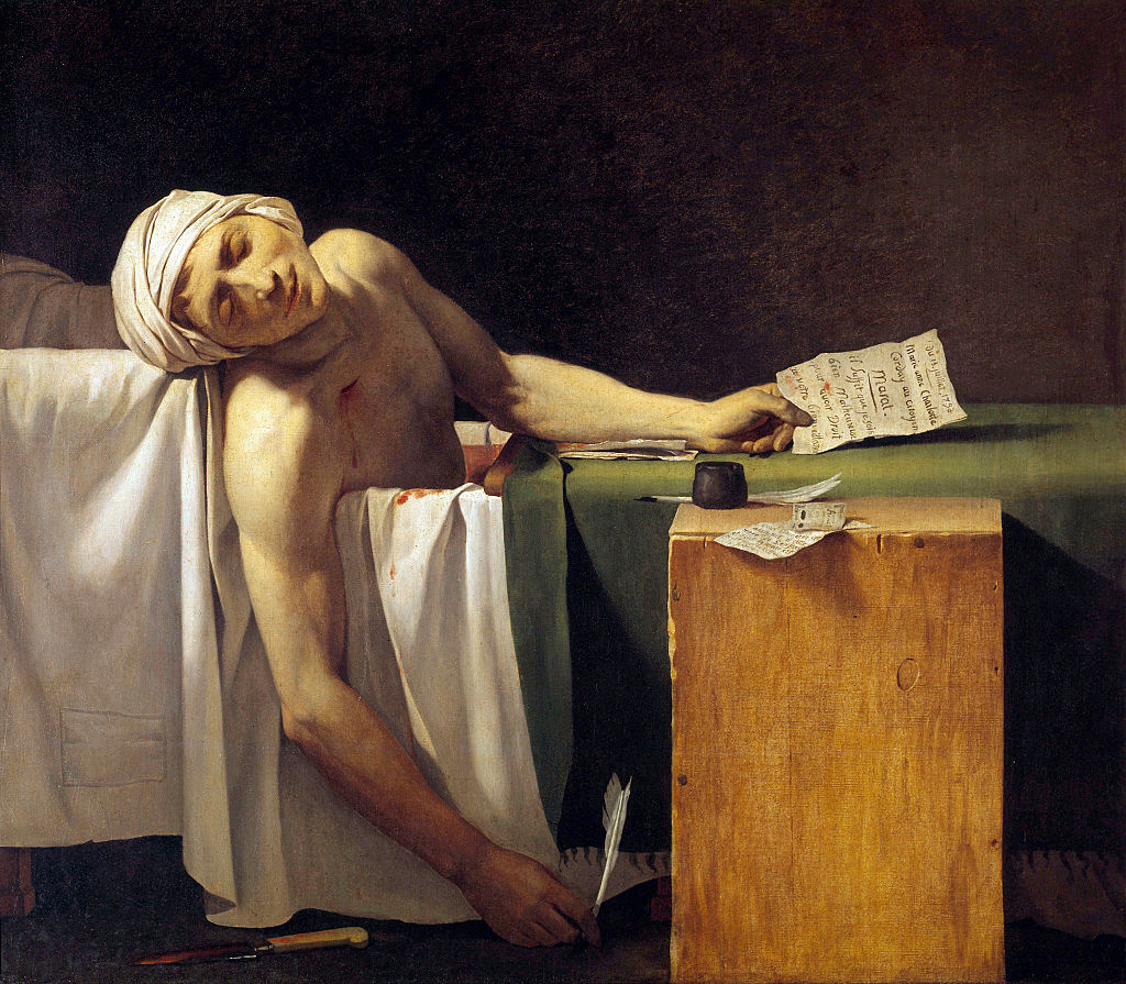 Jean-Paul Marat (1743-1793) murdered in his bath, 13 July 1793 " Painting by Jerome Martin Langlois