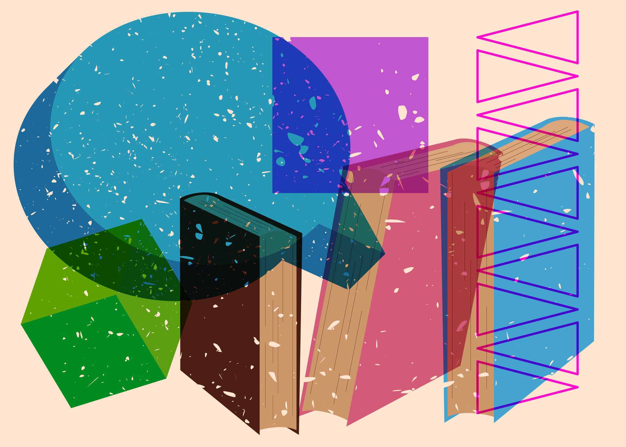 Illustration of books, speech bubble, and geometric pattern
