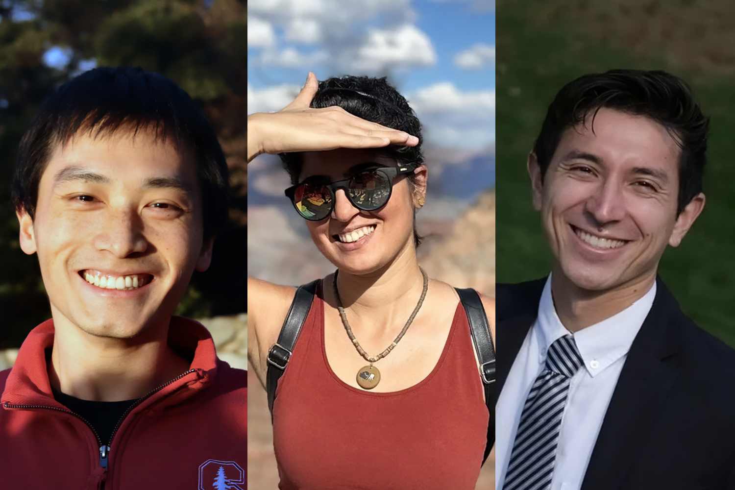 Composite of headshots; two are informal, one is formal.