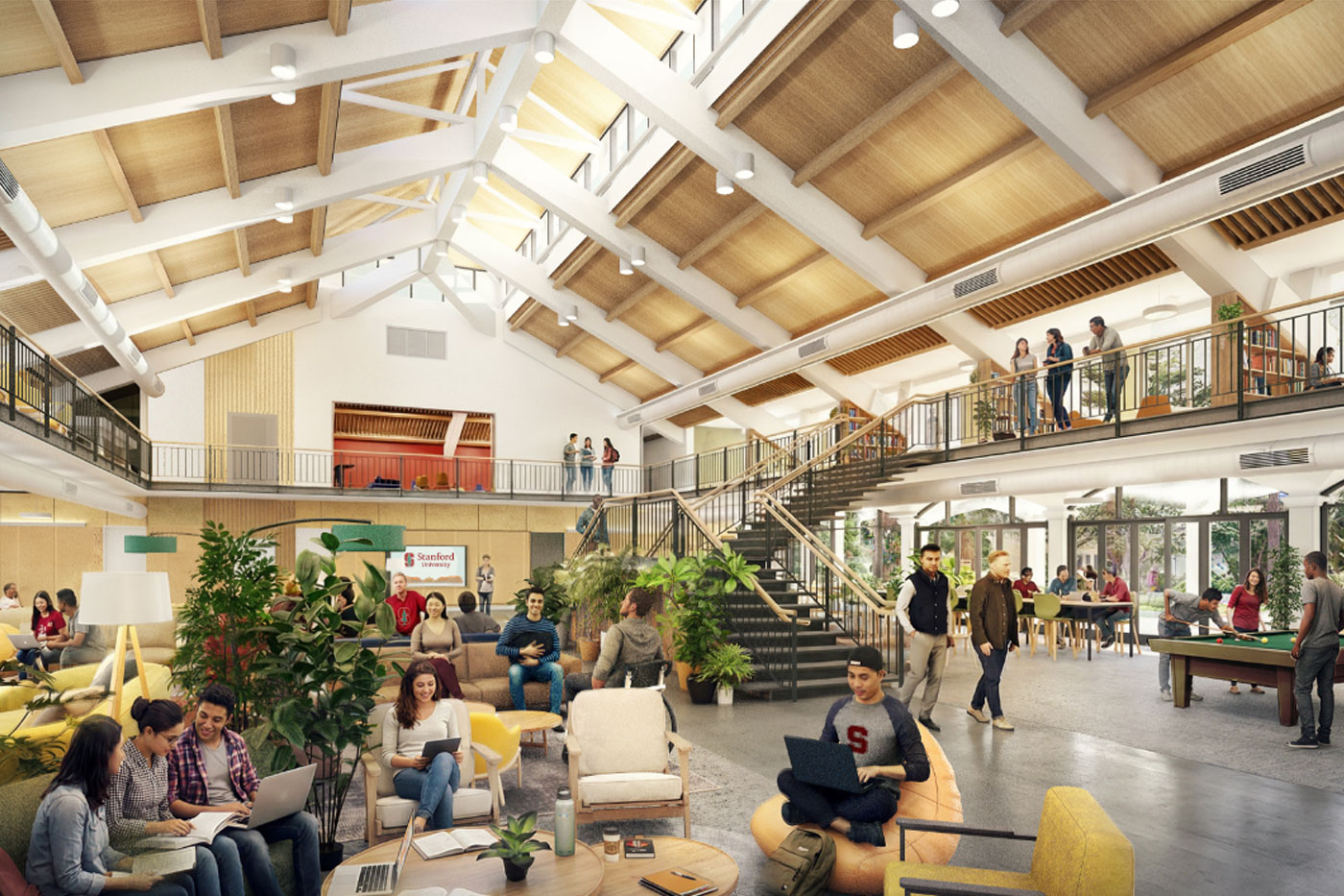 Rendering of student commons with vaulted wood ceiling, two-story staircase, seating areas, and game tables.