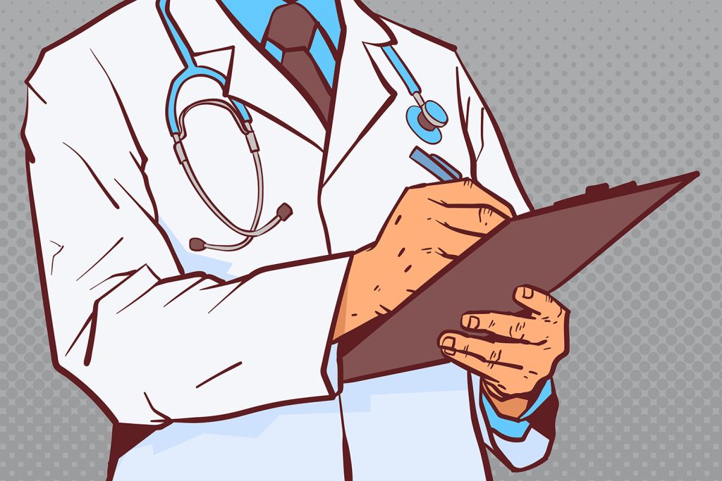 Doctor holding clipboard writes notes.