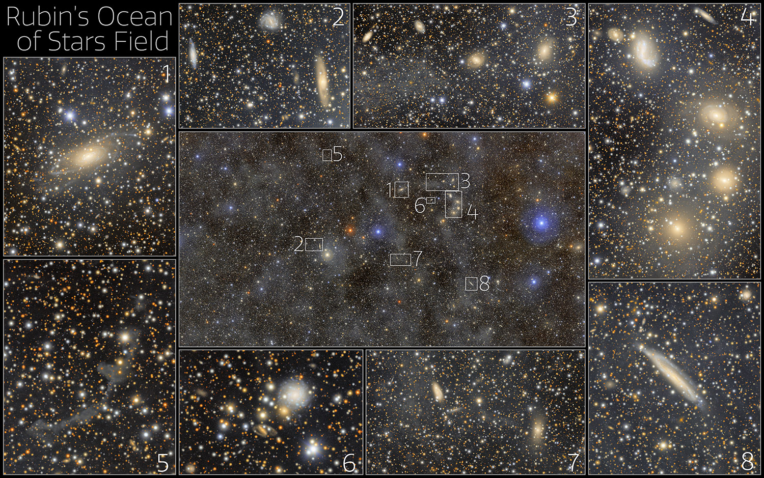 A star-filled night sky is divided into sections, showcasing various galaxies and constellations labeled for reference.