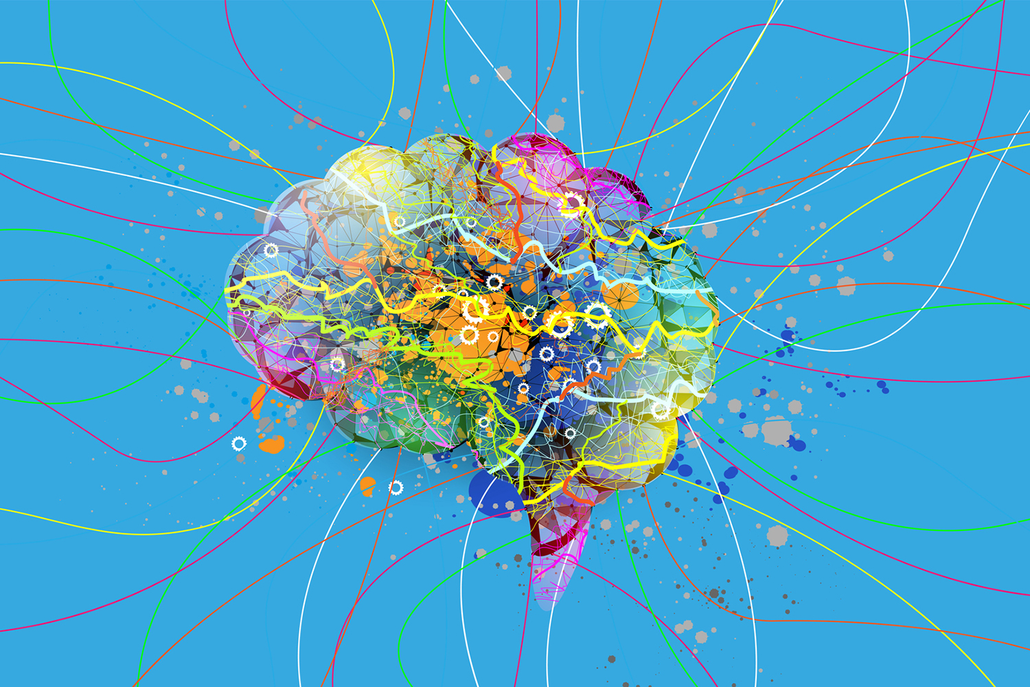 Colorful abstract illustration depicts a brain surrounded by swirling lines, representing neural connections and cognitive research.