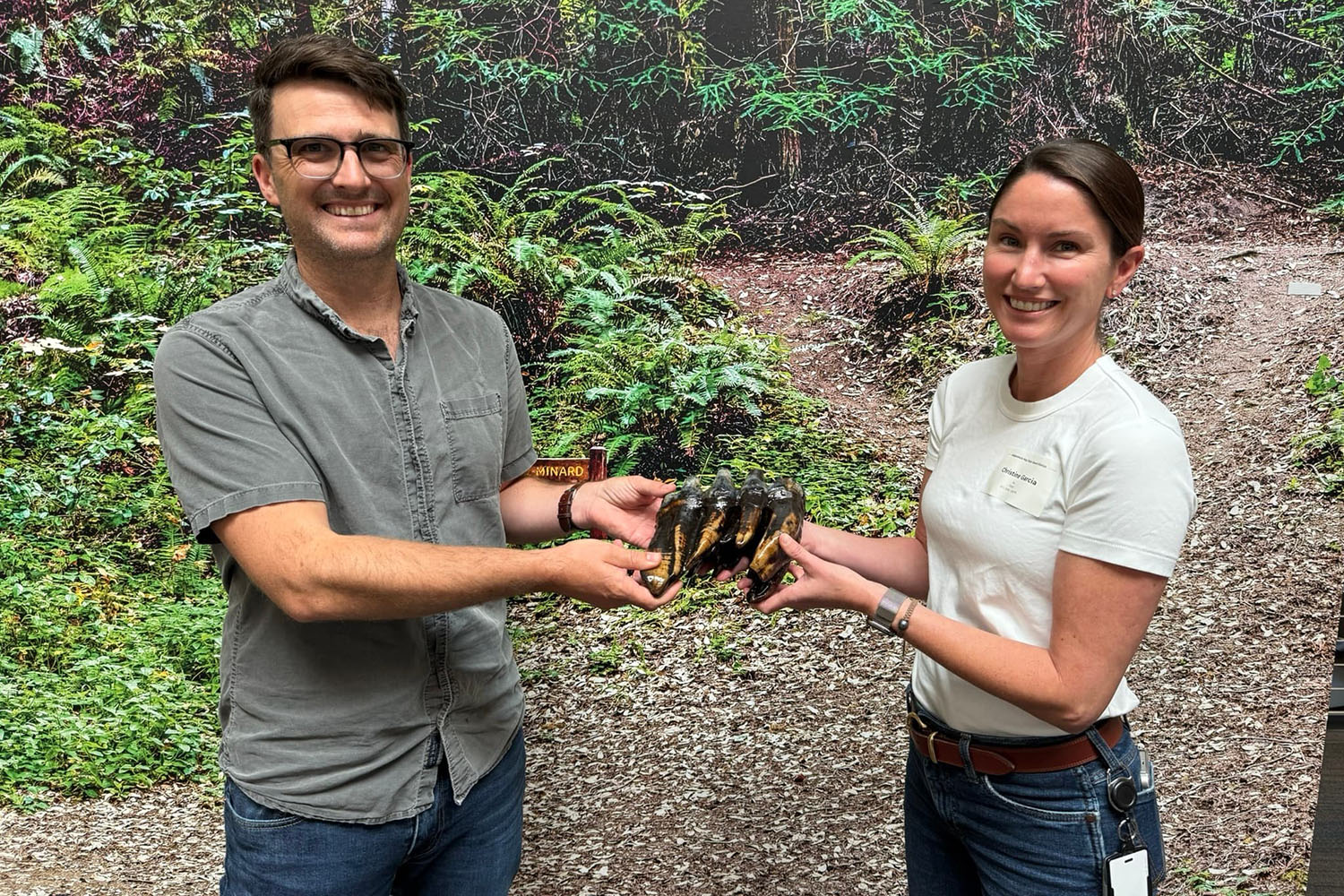 Matt Sharp Chaney and Chrissy Garciasmiling as they hold a large fossil tooth together in front of a forest mural.