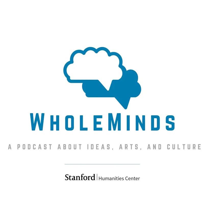 Logo for the Whole Minds podcast depicting overlapping white and blue illustrations of the human brain, styled to also look like thought bubbles.