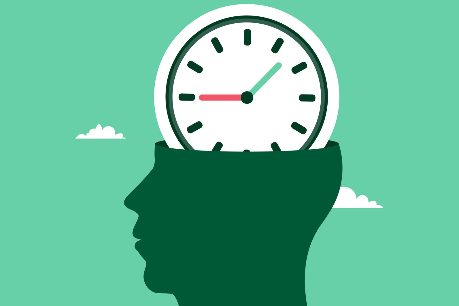 Illustration of analog clock placed human head