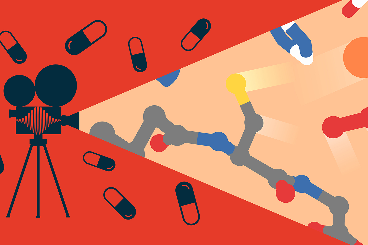 Illustration of a film camera projecting a beam onto a molecular structure surrounded by pill capsules on a red background.